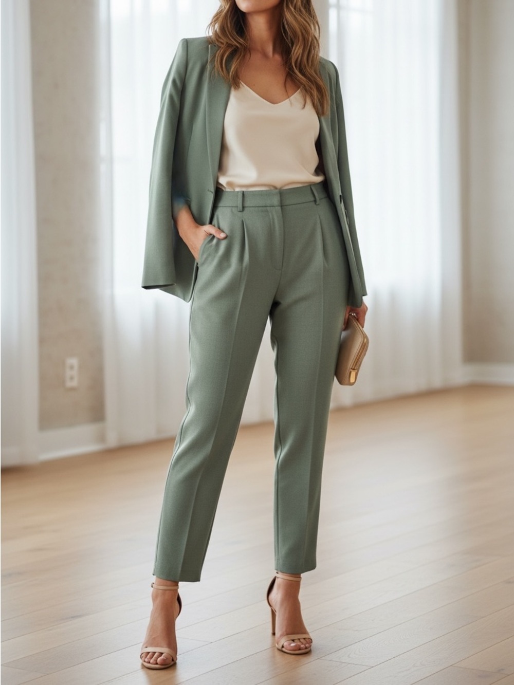 Holt Renfrew Vintage 80’s/90’s Pure New Wool Sage Green Ultra High Rise Trouser